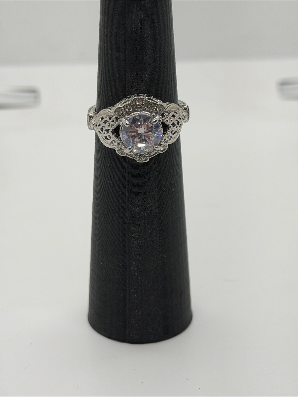 Sterling Silver Filigree Engagement Ring with Clear Center Stone size 7 1/2